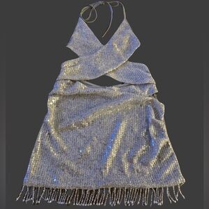 Silver Sequin Halter Mini Dress
